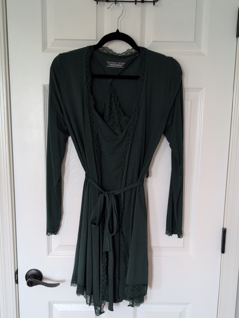 2 Piece Set Victoria's Secret Forest Green Lace-Trim Robe & Chemise Set